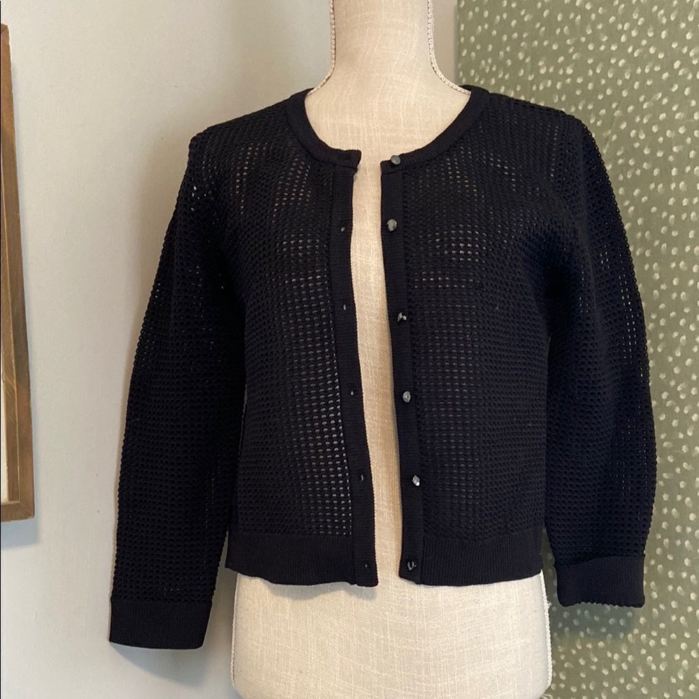 Milly Black Crochet Knit Cropped 3/4 Sleeve Lightweight Cardigan Size Medium